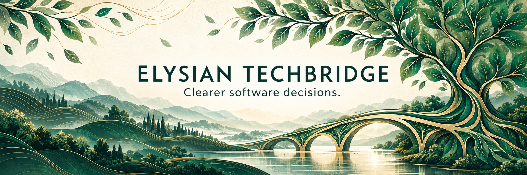 Elysian TechBridge — Clearer software decisions. A botanical tree grows into a bridge across an illustrated green landscape.