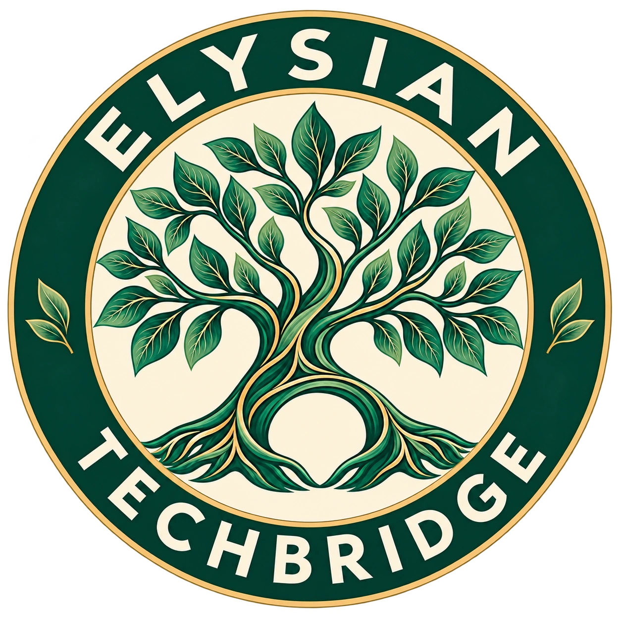 Round Elysian TechBridge logo with the company name around the botanical tree and bridge
