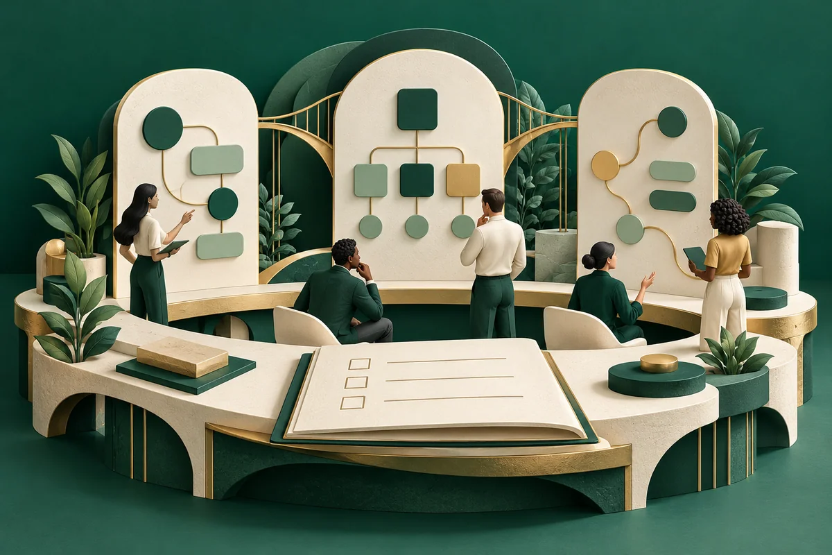 Conceptual illustration of a team reviewing three software workflow panels with one shared checklist.